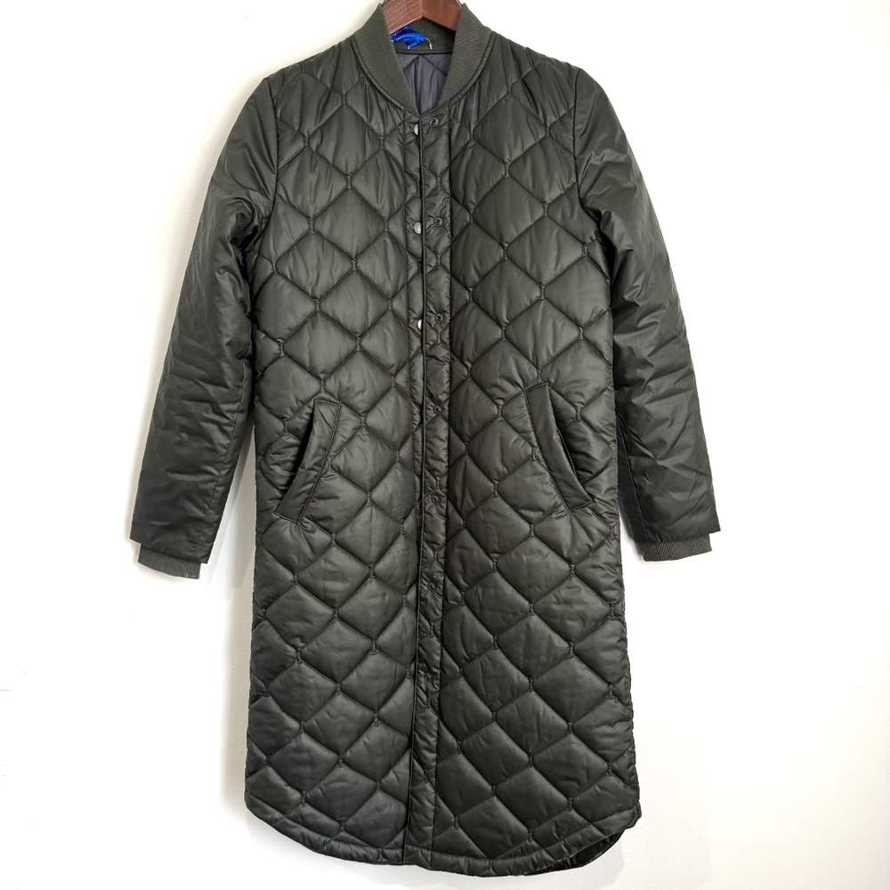 KIT AND ACE Womens XS Olive Green Diamond Quilted Long Snap Front Parka Jacket